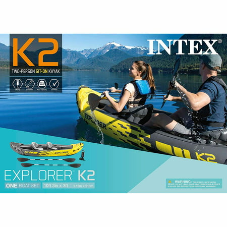 Intex Explorer K2 Kayak 2 Person Inflatable Canoe Boat with Pump Yellow/ Black